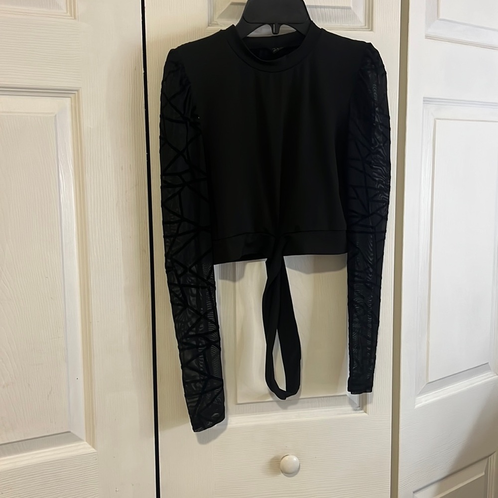 Black, sheer sleeve, long sleeve crop top